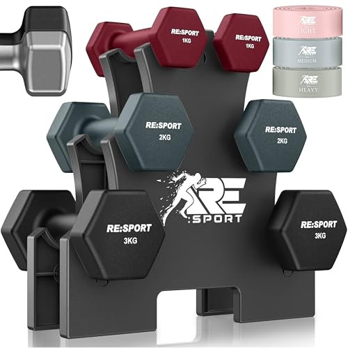 RE:SPORT® Hantel-Set 3 Paar, 1kg - 5kg, 12kg oder 18kg mit Ständer & 3x Fitnessbänder | Rutschfeste Neopren Kurzhanteln für Damen & Herren | Hanteln Hantelset (Magenta/Nebelgrau/Schwarz, 12 kg)