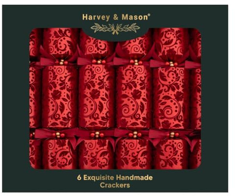 Harvey & Mason Pack of 6 Exquisite Flock Red Christmas Crackers - 13.5 Metallic Textured Festive Holly Foliage Xmas Holiday Dinner Table Decorations - Novelty Fun Prizes Gifts Contains Hats Jokes