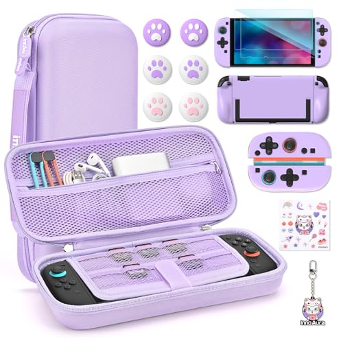 innoAura Switch 2 Tasche 14-in-1 Bundle für NS Switch 2 (2025), Switch 2 Case mit Tragetasche, Schutzhülle, Stick-Caps, Schutzfolie, süßem Anhänger und Sticker, Lila