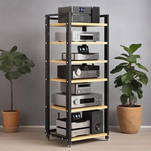 Audio-Rack mit 6 Ebenen und Rädern, beweglicher AV-Media-Tower für Plattenspieler, DVD-Player, Stereo-Komponenten, beigefarbene Audio-Speicherlösung