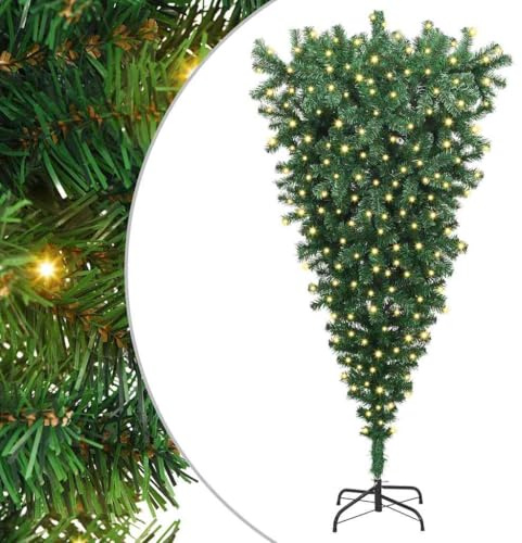 vidaXL Upside-down Artificial Pre-lit Christmas Tree Green 180 cm PVC, Living Room, Modern Upside-Down Tree, Pre-Lit LED Christmas, Unique Holiday Decor, Indoor Green