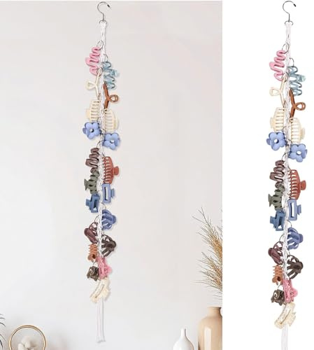 Muorruo Makramee-Haarklammer-Organizer mit drehbarem Haken und 20 Metallringen, hängender Haarklammerhalter und Aufbewahrung für Frauen und Mädchen, Klammeraufhänger für Wand, Schrank