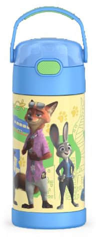 THERMOS FUNTAINER Water Bottle with Straw - 12 Ounce - Kids Stainless Steel Vacuum Insulated Water Bottle with Lid, Zootopia 2