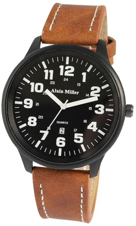 Alain Miller Herren Armbanduhr aus Kunstleder in Braun, in Einer Länge von 26 cm, Klassisches Design für jeden Mann