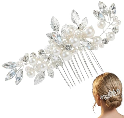 CATZUM Handgefertigt Eleganter Braut Haarkamm/Kopfschmuck/Haarclip für Damen und Frauen, Haarschmuck Hochzeit, Braut Haarschmuck Blumen mit Perlen Kristall (Silber)