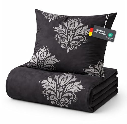 Bestlivings Feinbiber Bettwäsche 2-teilig - Schwarz (Ornament) 135x200/80x80 cm, Bettbezug mit Reißverschluss, warm, weich, Öko-Tex 100