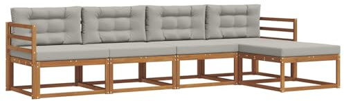 vidaXL Outdoor-Sofagarnitur mit Kissen 5 pcs Natürlich und Hellgrau, Outdoor-Möbel-Set, modernes Patio-Sofa, wetterfestes Lounge-Set, Latten-Sofa, modulares Sofa