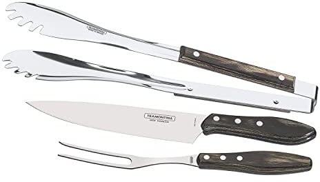 TRAMONTINA - Juego de Cubiertos Churrasco, para Carne, en Acero Inoxidable y Mangos de Madera Polywood en Color Negro Claro, Utensilios con Remaches, 3 Piezas