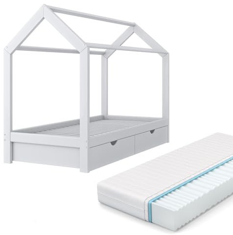 VitaliSpa Hausbett Wiki, Weiß, 90x200 cm mit 2 Schubladen und Matratze
