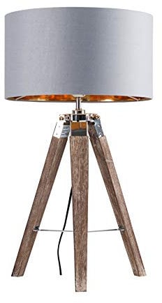 MiniSun | Modern Light Wood and Chrome Tripod Table Lamp with a Warm Grey/Gold Drum Shade | Home Décor, Bedside & Desk Lamp