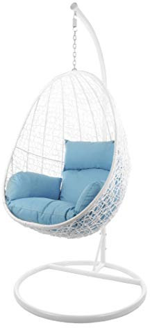 Kideo Komplettset: Hängesessel mit Gestell & Kissen, Indoor & Outdoor, Poly-Rattan, Lounge (Gestell- und Korbfarbe: weiß, Kissen: hellblau Nest (5050 Sky Blue))