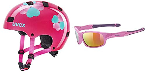 uvex Unisex Jugend Kid 3 Fahrradhelm, pink Flower + Unisex Jugend, Sportstyle 507 Sonnenbrille, pink Purple/pink, one Size