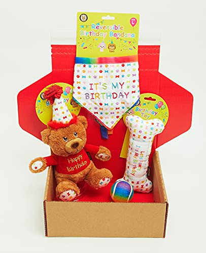 Hundegeburtstags-Geschenkbox, 4-teiliges Geschenkkorb-Set, perfekte Hunde Happy Bday Feier, inklusive Spielzeug und Bandana (groß)
