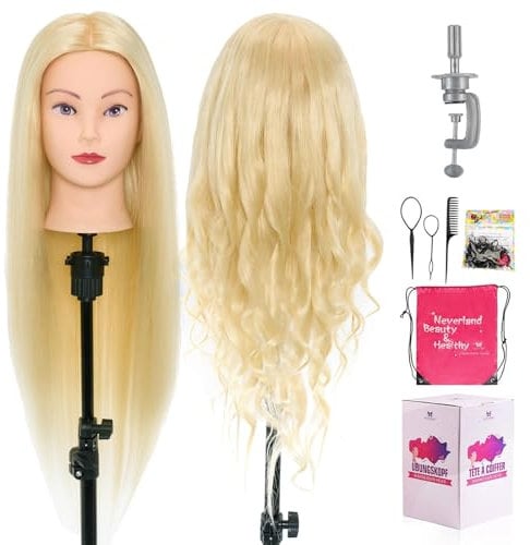 Frisierkopf,Neverland Übungskopf 71cm 60% Echthaar,Frisieren Trainingsköpfe für Friseure Ausbildung Kopf Mit Halter + DIY Haare Set(Gebleichtes Blondes)