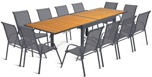 IDMarket - Gartenmöbel, Poly, ausziehbar, Tisch 135 – 270 cm und 12 Stühle, Holz und Dunkelgrau