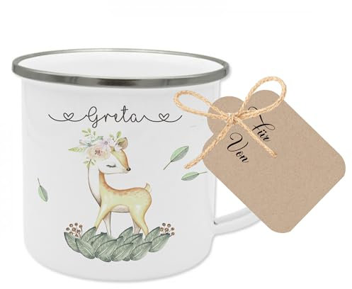 Manufaktur Liebevoll personalisierte Kindertasse mit niedlichem Waldtier-Motiv und dem Namen des Kindes (Motiv Greta)