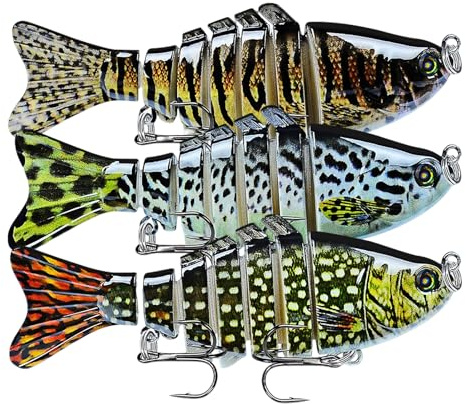 Keenjorika Easy Catch Fishing Lures, 3 Pack Multi-Jointed Swimbaits, Slow-Sinking Bass Fishing Lures, Wiggling, Vibrating & Rattling for More Bites, Hard Baits with Treble Hooks for Bass, Trout, Pike