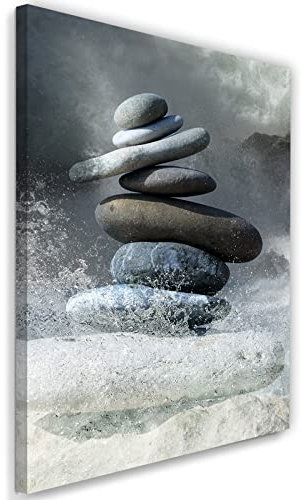 Feeby Vlies Leinwandbild Wasser Zen Dunkle Wolken Steine 40x60 cm Wanddeko Design Kunstdruck Zimmerdeko Bilderwand Natur Felsen Wellen Grau