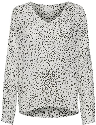 KAFFE Langarm-Bluse KAdebra Damen Bluse Langarm Punkte Top V Ausschnitt 42, Chalk/Green Watercolor Dot