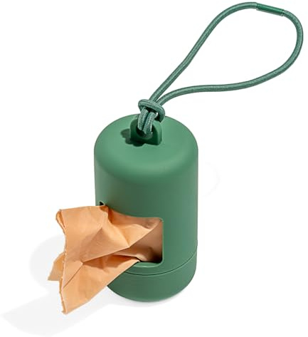 Wild One Dog Poop Bag Holder and Dispenser with Leash Attachment, Leak Proof, Easy Twist Top for Refills, Includes 1 Roll Bags, Spruce