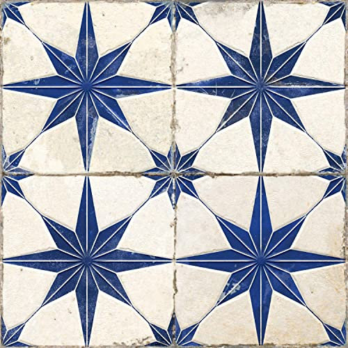 Tori Patterned Wall & Floor Tile Blue Star Pattern Vintage Style Ceramic Tile – 450x450mm, Box of 5