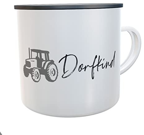 personalisierte Tasse Dorfkind Traktor Emaille-Becher Kaffeebecher Dorfkinder Blechtasse Landwirt Schlepper (Traktor/schwarz)