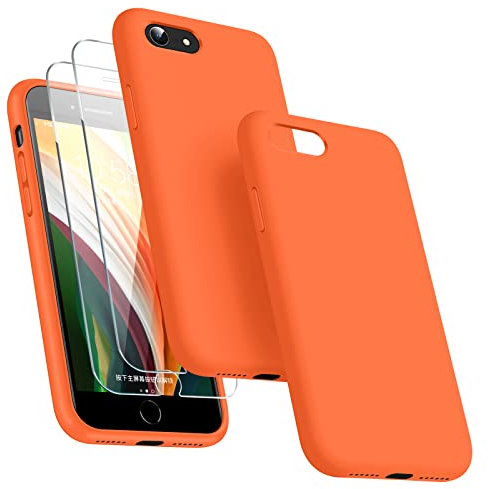 Dssairo [3-in-1 für iPhone SE Hülle 2022/3rd/2020/2nd gen, iPhone 7/8 Hülle, mit 2 Displayschutzfolien, Flüssigsilikon, ultradünn, stoßfest, Schutzhülle [Mikrofaser-Futter] (Orange)