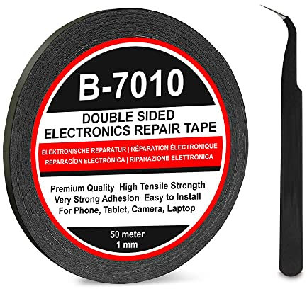 CABLEPELADO Cinta adhesiva B7010 doble cara | 50 m largo x 1 mm ancho | Incluye pinzas antiestática | Apto para reparar móviles, tablets y pequeños dispositivos electrónicos | Negro