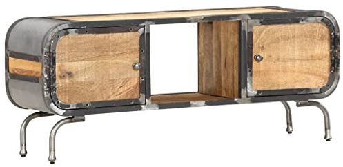 vidaXL Meuble TV avec cadre en fer durable et corps en bois de manguier massif, design unique et élégant, grand rangement, idéal pour la décoration du salon ou de la chambre à coucher