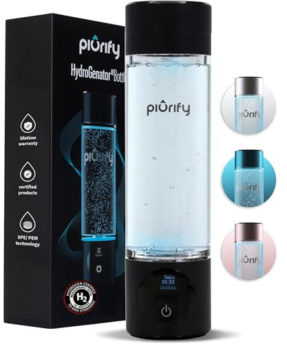PIURIFY Hydrogen Water Bottle - Black. Food Grade Body Tumbler; Spe/pem Technology, Generates Real 3000ppb Pure Hydrogen Rich Concentration. Dupont Membrane, Purification Vent, OLED Display.