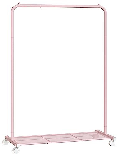 SONGMICS Kleiderständer mit Rädern, 35,8 Zoll, Kleiderständer zum Aufhängen von Kleidung, mit dichtem Netz-Aufbewahrungsregal, 49.9 kg Tragkraft, 2 Bremsen, Stahlrahmen, Jelly Pink