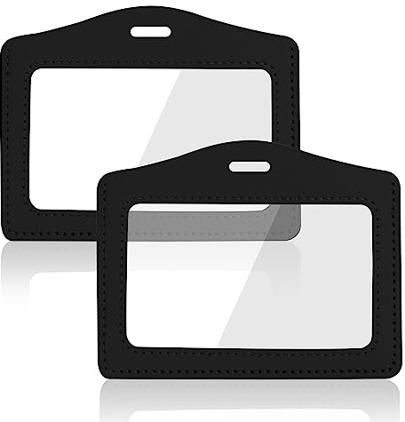 Lot de 2 porte-badges d'identification horizontaux double face en cuir véritable, étanches, pour bureau, personnel, étudiants, employés (noir et noir)