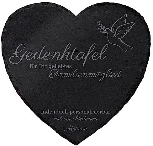 mtb more energy Gedenktafel Grabstein aus Schiefer mit Gravur - wähle passende Motive und Schriftarten - Herz (15 x 15 cm) - Grabplatte Gedenkbild Kondolenzfeier