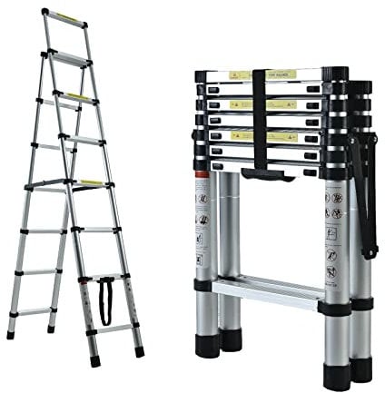 Aluminium Ladder 8FT, 6+7 Telescoping Extension Ladder, A-Frame Folding Ladder Heavy Duty Lightweight Step Ladder, 330lb Load Capacity, Anti-Slip Feet, Wide Step, for Lamp Repair, Clean