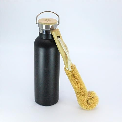 BOXENSTOP Edel. Trinkflasche mit Bambusdeckel | Thermotrinkflasche für Kinder und Erwachsene | Trinkflasche Kinder | Trinkflasche Edelstahl | Auslaufsicher | inkl. Kokos-Bürste (600 ML, Schw.-Matt)