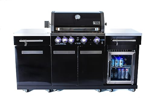 Mont Alpi Premium 70W x 24D Black Stainless Steel Compact Outdoor Kitchen Island with Refrigerator + 32W 4-Burner BBQ Grill with Infrared Rotisserie Burner + Storage Cabinets + Granite Countertops