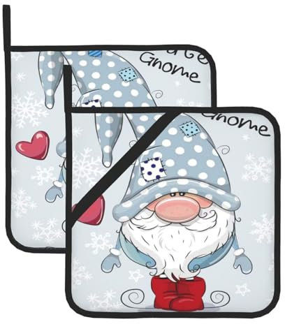 Set di 2 presine resistenti al calore con tasca per cottura in cucina, forno, forno a microonde (20,5 x 20,5 cm) / simpatico gnomo