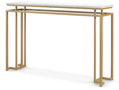 Multigot 120cm Long Console Table, Faux Marble Narrow Hallway Table with Anti-tipping Device and Adjustable Foot Pads, Gold Metal Frame Accent Sofa Side Behind Couch Table for Entryway Living Room