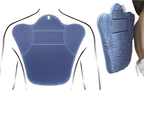 Brosse ergonomique en forme de S pour le dos mains libres pour douche, nettoyeur de pieds TPR et tapis de massage, brosse de rechange en luffa (1 design ergonomique bleu)