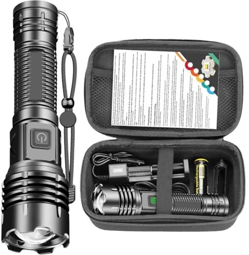 LeKaufen Taschenlampe LED Aufladbar, 20000 Lumen Taschenlampe Extrem Hell, Batteriebetrieben mit Ladefunktion, 5 Modi Wasserdicht Einstellbarer Fokus für Camping Wandern Angeln