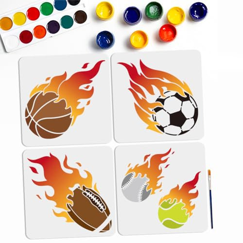 MAYJOYDIY 4 Stück Basketball Fußball Flammen Schablonen 30x30cm Sportball Thema Malschablone Mit Pinsel Wiederverwendbare Tennis Und Rugby Schablonen Vorlage Zum Basteln Holz Wand Stoff Papier