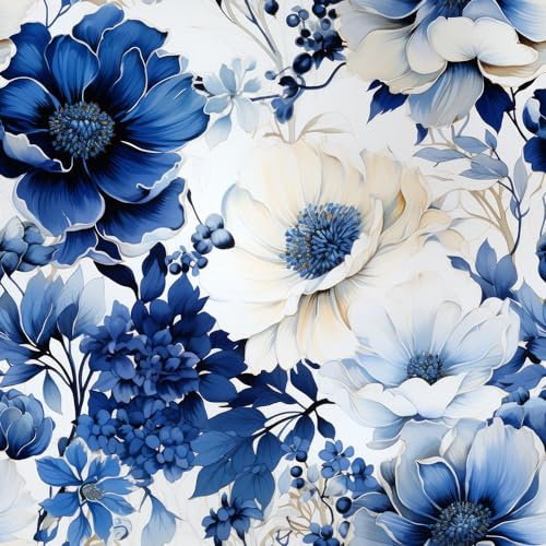 REDAMANCY Vintage Blue and White Flower Dahlia Retro Peel and Stick Wallpaper Vintage Wall Paper Stick on Contact Paper Easy Peel Off for nightstand Drawer Renter Friendly 17.7x236
