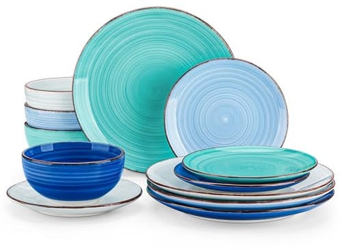 vancasso Bonita Dinnerware Set Blue Stoneware 12 Pieces Service for 4, Handpainted Spirals Pattern Stoneware Plates and Bowls Set
