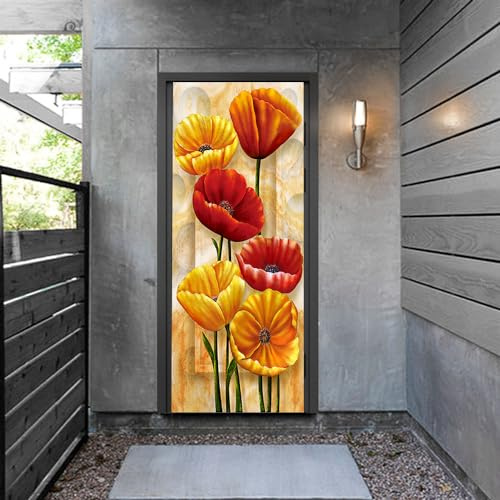 Türtapete Selbstklebend Orange Blume Rot Türfolie Tür PVC Türtapete Selbstklebend Türfolien Abnehmbar Türposter Abziehen und Aufkleben Türaufkleber Wasserdichte 90x200cm