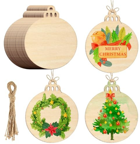 NACHLYNN 42 Stück Weihnachtskugeln, runde Holzornamente, Christbaumschmuck aus Holz für die Dekoration von Weihnachtsfeiern und zum Basteln