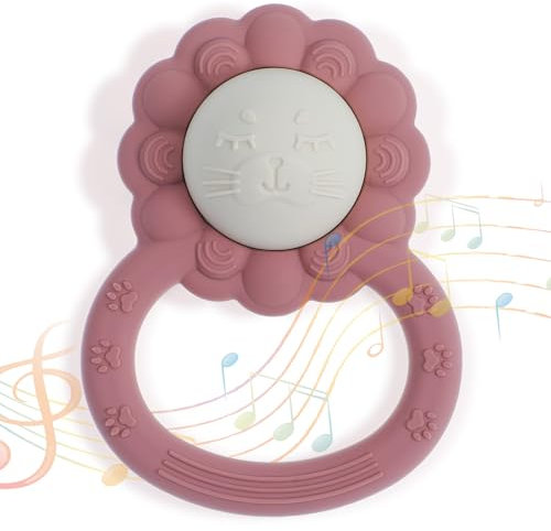 meanus Silikon Babyrassel Beißring, Löwenform Baby Spielzeug für Sinnes und Kauentwicklung, BPA-frei (Powder Rose)