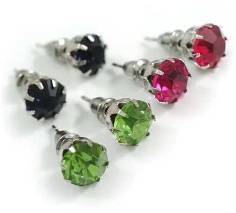Juego de 3 pendientes redondos de 8 mm en tono plateado, azul oscuro/verde/fucsia, talla única, Plástico