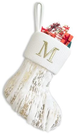 Sleeleece Weihnachtsstrumpf Personalisiert Nikolausstrumpf 22 cm,Christmas Stockings,Nikolausstiefel zum Befüllen Weihnachtsstrumpf Geschenkbeutel Weihnachtsbaum Anhänger Weihnachtsdeko Weiß & Gold M