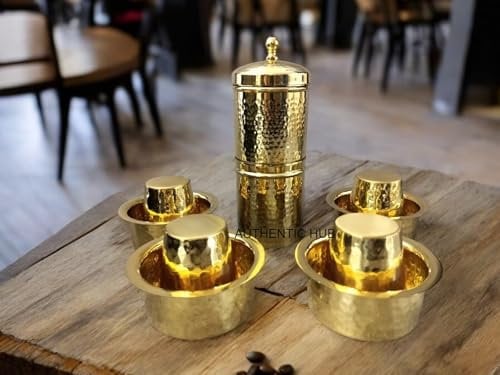 Authentic South Indian Filter Coffee Experience – Hammered 6-Cup Brass Coffee Filter with 6 Dabara Set | Reusable Metal Filter | Buy Now from AUTHENTIC HUB