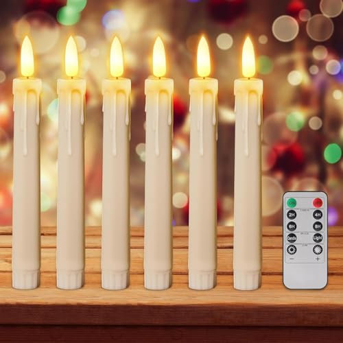 Dabeto 6 Stück LED Kerzen,LED Stabkerzen,Flammenlose Kerzen mit Timer-Funktion und Fernbedienung,Flackernde LED Batteriebetrieben Stabkerzen für Halloween Dekoration,Weihnachtsdeko,Tischdeko (Weiß A)